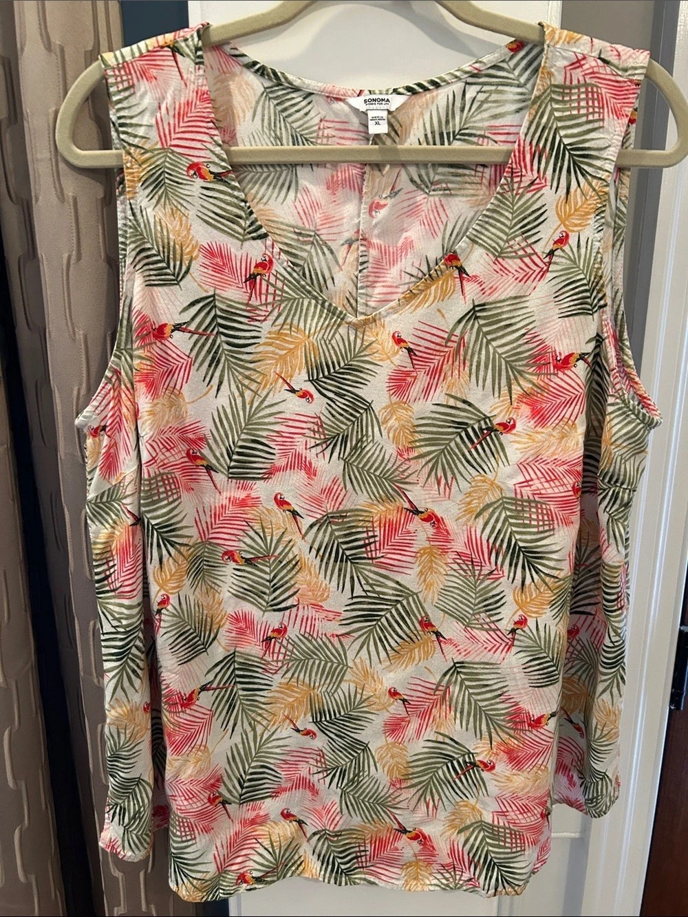 Sonoma Tropical Palm & Parrot Tank Top in Cream & Green XL